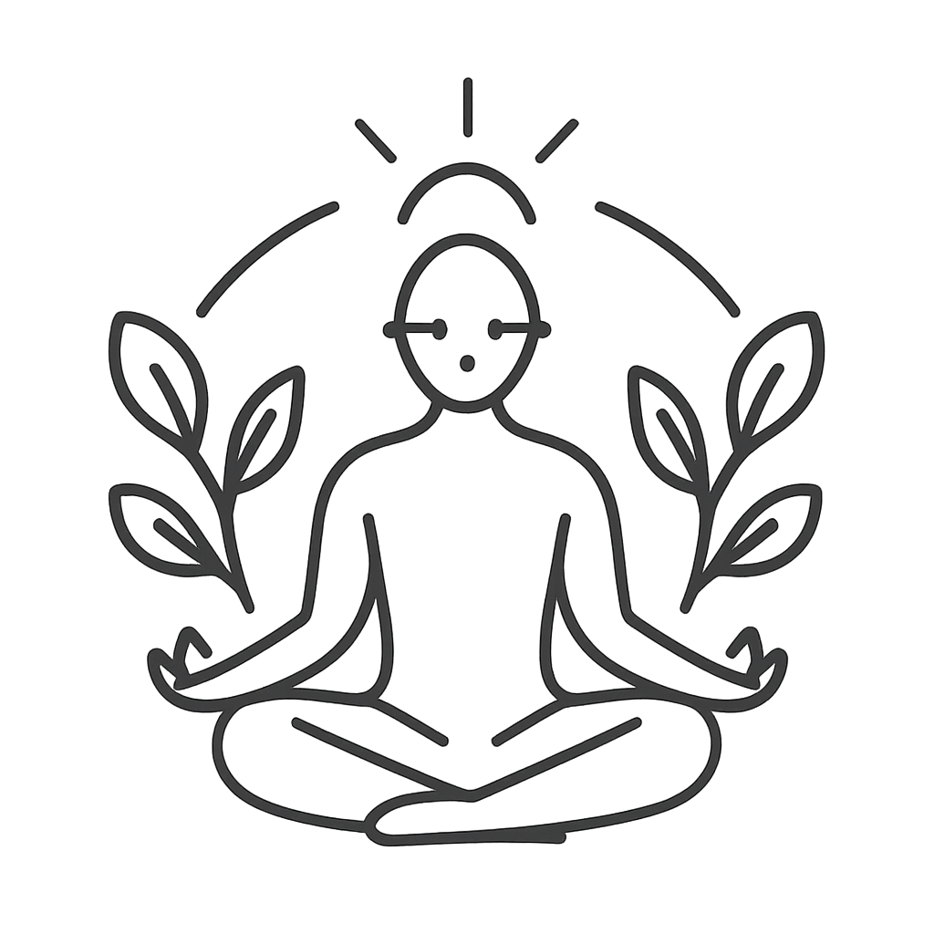 A person in a meditative pose with leaves rising from their hands and a sun above, set against a black background.