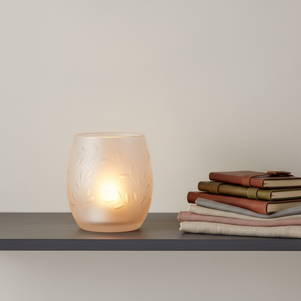 A lit candle in a frosted glass container with etched flower leaves design on a dark wood table beside a stack of variousl...