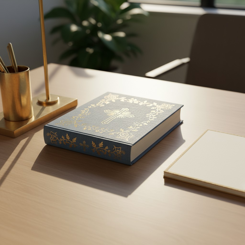 A blue-grey bible embossed with a gold cross and vines, on a wooden desk alongside a simple beige notebook and a gold cup ...