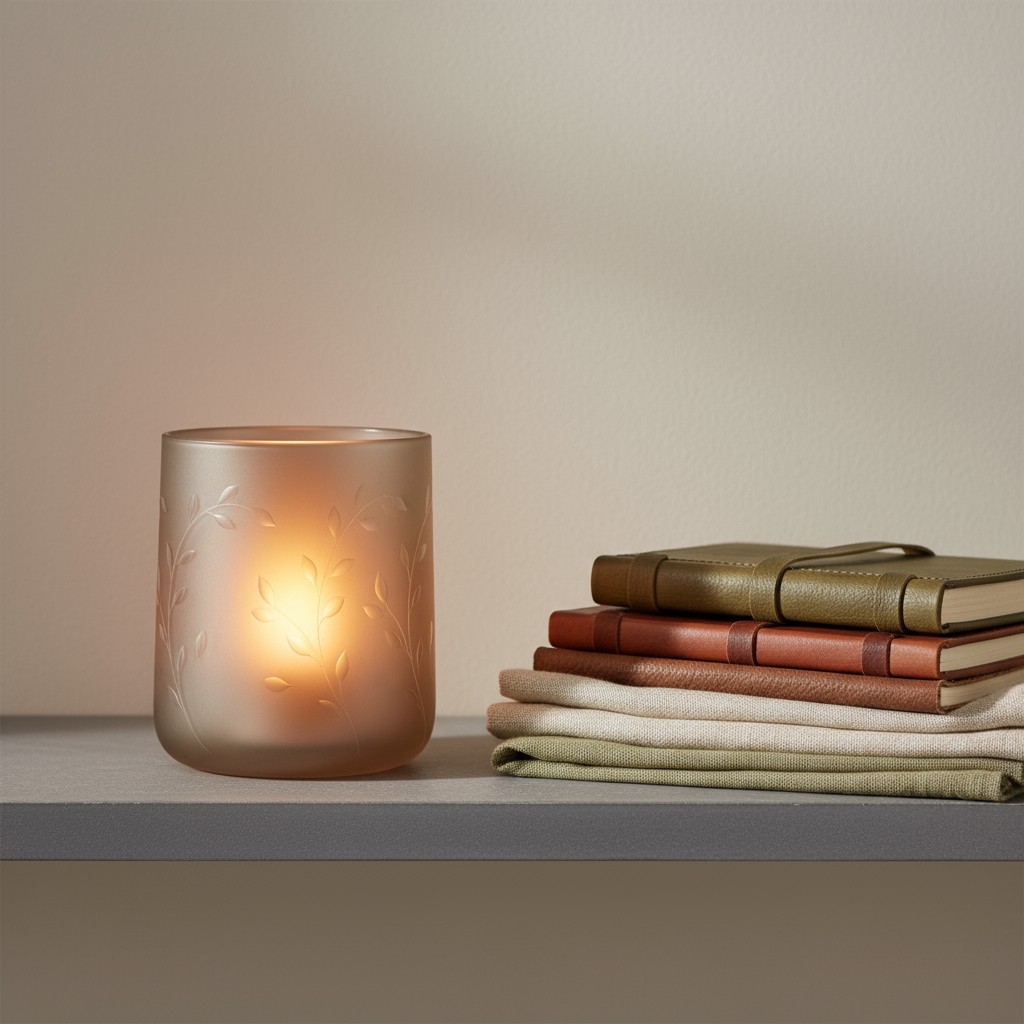A glass candle holder adorned with floral etchings sits on a gray shelf, accompanied by a stack of books tightly grouped t...