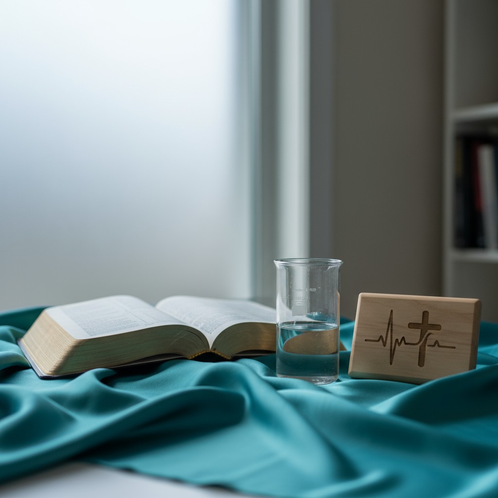 An open bible on a blue cloth next to a beaker half-filled with water, with a wooden block containing a cross engraving.