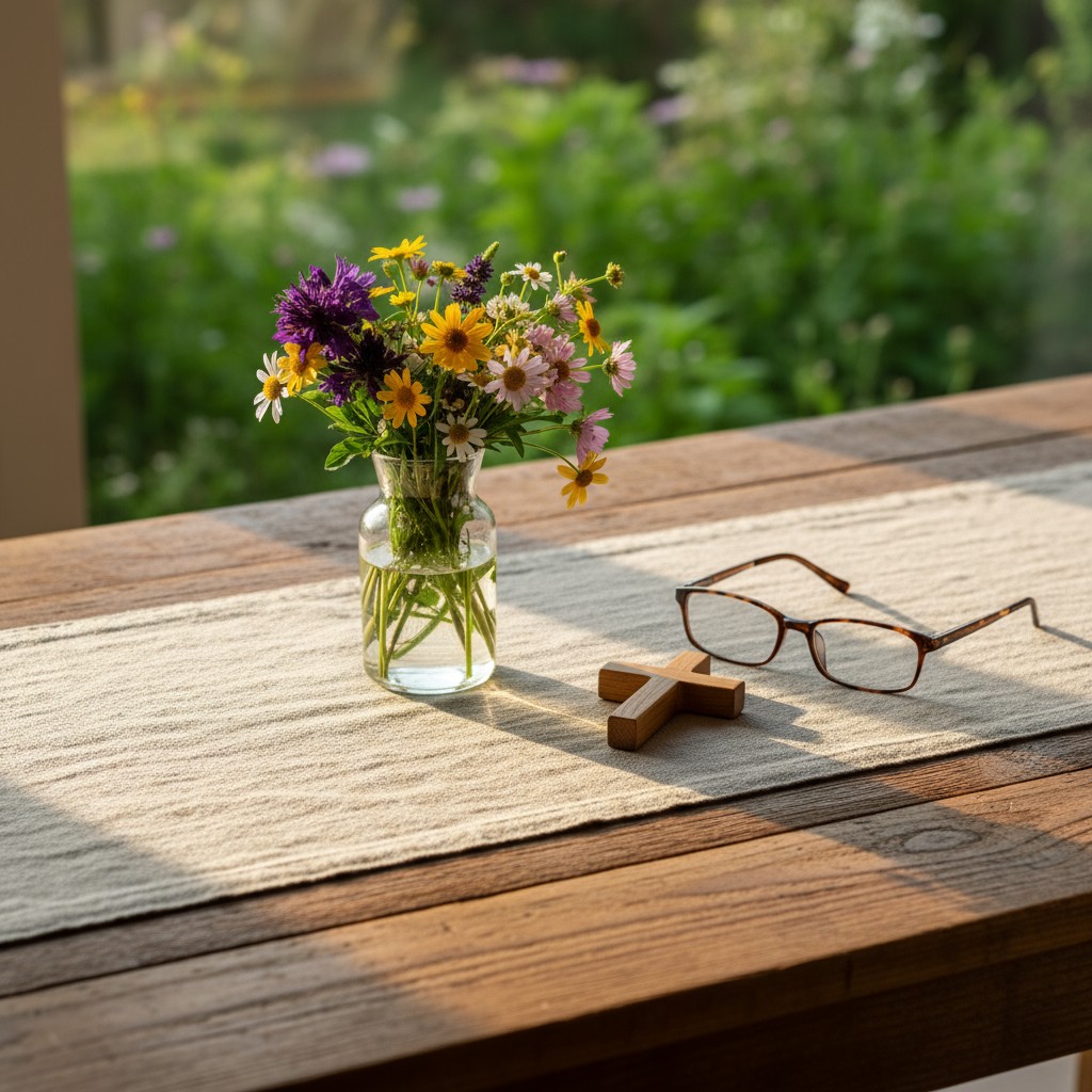 a bouquet of summer wild flowers in a vase on a table with glasses and a wooden cross in a sunny garden
