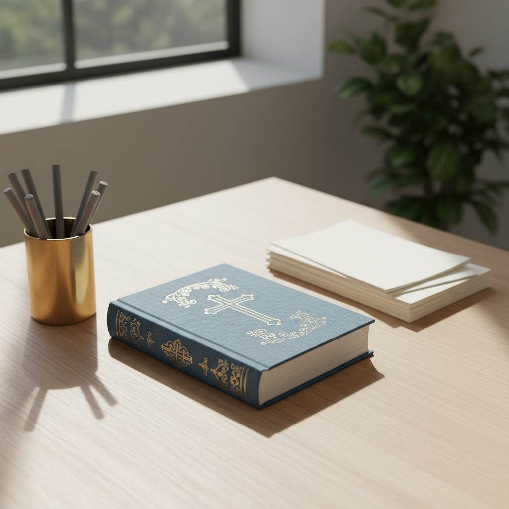 The alt text for the image is: A blue book, a gold cup with pencils, and a stack of paper on a light, wooden table.