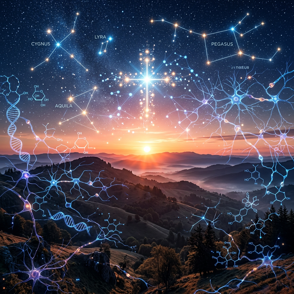 Mountain landscape at sunset with constellations, DNA strands, neurons, and molecular diagrams overlaid